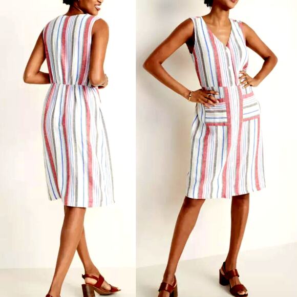 Old Navy Gauzy Shift Dress Full Button Sleeveless Linen XL Beachy Coastal Stripe - Picture 3 of 13